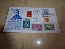 Mannerheim ensipäiväkuori, FDC, USA. Jossa on myös suomen 1943 kenttäpostimerkkejä. Hieno esim. lahjaksi. Myös paljon muita Mannerheim-kohteita myynnissä.