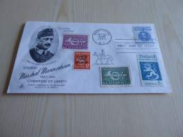 Mannerheim ensipäiväkuori, FDC, USA. Jossa on myös suomen 1943 kenttäpostimerkkejä. Hieno esim. lahjaksi. Myös paljon muita Mannerheim-kohteita myynnissä.