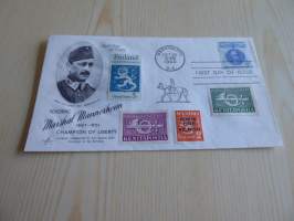 Mannerheim ensipäiväkuori, FDC, USA. Jossa on myös suomen 1943 kenttäpostimerkkejä. Hieno esim. lahjaksi. Myös paljon muita Mannerheim-kohteita myynnissä.