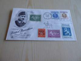 Mannerheim ensipäiväkuori, FDC, USA. Jossa on myös suomen 1943 kenttäpostimerkkejä. Hieno esim. lahjaksi. Myös paljon muita Mannerheim-kohteita myynnissä.