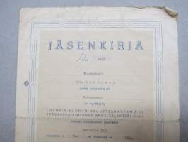 Lounais-Suomen Osuusteurastamo r.l. jäsenkirja (osuuskirja), puutarhuri Osk. Lehtonen, Luonnonmaa - 2 osuutta á 5 mk