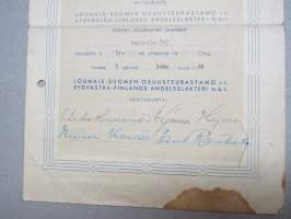 Lounais-Suomen Osuusteurastamo r.l. jäsenkirja (osuuskirja), puutarhuri Osk. Lehtonen, Luonnonmaa - 2 osuutta á 5 mk