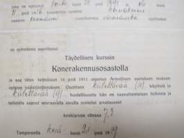 Tampereen Teknillinen Opisto - Täydellinen kurssi Konerakennusosastolla, todistus Tauno Pöllänen, 21.6.1919 -asiakirja / dokumentti