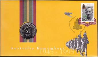 Australia FDC Ensipäiväkuori 1995- Kolikkokuori 50 p - Australia Remembers 1945-95. WWII sotasankari Weary Dunlop muistokolikko ja merkki. Filatelia ja numismatiikka