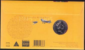 Australia FDC Ensipäiväkuori 1995- Kolikkokuori 50 p - Australia Remembers 1945-95. WWII sotasankari Weary Dunlop muistokolikko ja merkki. Filatelia ja numismatiikka