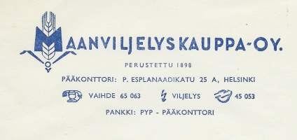 Maanviljelyskauppa Oy Turku 1952  - firmalomake