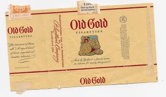 Old Gold  -  tupakkaetiketti, saumoista avattu tupakka-aski
