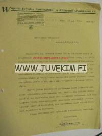 Wiipurin Työväen Sanomalehti ja Kirjapaino Osuuskunta r.l kirje Littoisten Verkatehtaalle 22.10.1922