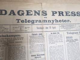 Dagens Press och Telegramnyheter, 25.4.1918 -vapaussodan / kansalaissodan / kapinan aikainen sanomalehti