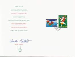 Leimatut joulumerkit 1993 (Espan ja Aleksin joulualue-leima) ja 1995 (Ensipäiväleima) kuorella