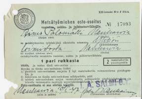 Metsätyömiehen osto-osoitis 1 pari rukkasia  Merikarvian Kansanhuoltoministeriö 1947