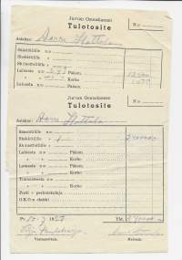 Jurvan Osuuskassa - Tulotosite 1952  - firmalomake 2 kpl