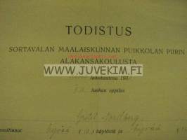 Todistus Sortavalan maalaiskunnan Puikkolan piirin alakansakoulusta 1938 Gretel Nordberg