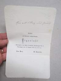 Bjudes att  öfvervara undertecknades Vigselakt  10.1.1878 i Helsingfors - Lina Berg &amp; R. Lemström -vihkiäiskutsukortti