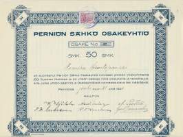 Perniön Sähkö   Oy,  50 mk  osakekirja,  Perniö 31.12.1920 merkitty