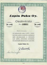 Lapin Puku Oy, osakekirja 1000 mk, Rovaniemi 10.2.1941