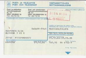 Vastaanottolupa / mustavalkolupa - Televisiolupa 1985