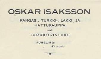 Oskar Isaksson, Kangas-, turkki-, lakki- ja hattukauppa, Hämeenlinna  1926  - firmalomake