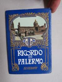 Ricordo Di Palermo -haitarimaisesti aukeava kuvateos kaupungista ja nähtävyyksistä, kartta, kohopainatteinen kansi, 1900-luvun alku (kuvissa ei vielä näy autoja)