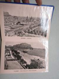 Ricordo Di Palermo -haitarimaisesti aukeava kuvateos kaupungista ja nähtävyyksistä, kartta, kohopainatteinen kansi, 1900-luvun alku (kuvissa ei vielä näy autoja)