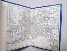 Ricordo Di Palermo -haitarimaisesti aukeava kuvateos kaupungista ja nähtävyyksistä, kartta, kohopainatteinen kansi, 1900-luvun alku (kuvissa ei vielä näy autoja)