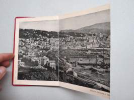 Ricordo Di Genova -haitarimaisesti aukeava kuvateos kaupungista ja nähtävyyksistä, kartta, kohopainatteinen kansi, 1900-luvun alku (kuvissa ei vielä näy autoja)