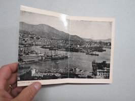 Ricordo Di Genova -haitarimaisesti aukeava kuvateos kaupungista ja nähtävyyksistä, kartta, kohopainatteinen kansi, 1900-luvun alku (kuvissa ei vielä näy autoja)