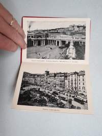 Ricordo Di Genova -haitarimaisesti aukeava kuvateos kaupungista ja nähtävyyksistä, kartta, kohopainatteinen kansi, 1900-luvun alku (kuvissa ei vielä näy autoja)