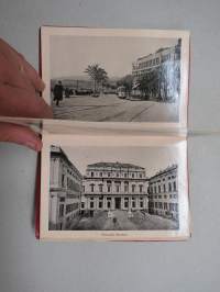 Ricordo Di Genova -haitarimaisesti aukeava kuvateos kaupungista ja nähtävyyksistä, kartta, kohopainatteinen kansi, 1900-luvun alku (kuvissa ei vielä näy autoja)