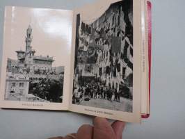 Ricordo Di Genova -haitarimaisesti aukeava kuvateos kaupungista ja nähtävyyksistä, kartta, kohopainatteinen kansi, 1900-luvun alku (kuvissa ei vielä näy autoja)