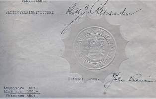 Valtioneuvoston paperisinetti ja nimikirjoitus  HMJ Relander 1935 asiakirjalla  veromerkkejä