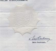 Korkein Hallinto-oikeus paperisinetti  asiakirjalla  1944  veromerkkejä