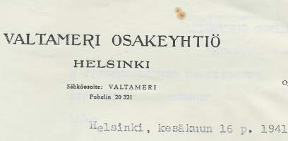 Valtameri Oy Helsinki 1940 - firmalomake