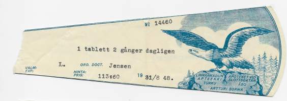 Linnankadun Apteekki  Artturi Sorma , resepti  signatuuri   1948