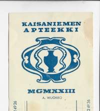 Kaisaniemen Apteekki A Wuokko  Helsinki  , resepti  signatuuri  1963