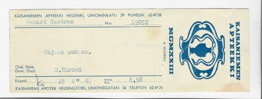 Kaisaniemen Apteekki A Wuokko  Helsinki  , resepti  signatuuri  1963