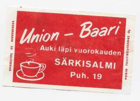 Union Baari Särkisalmi  -  tulitikkuetiketti