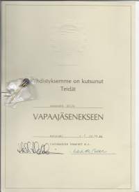 Teknisten Liitto Vapaajäsenmerkki  -  rintamerkki + myöntökirja 1986  Yleisadion Tekniset ry