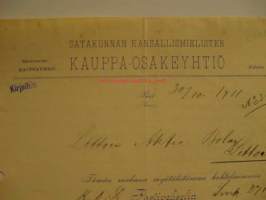 Satakunnan Kansallismielisten Kauppa-Osakeyhtiö Pori 30.11.1911 -asiakirja