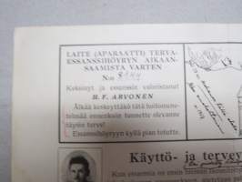 Laite (aparaatti) tervaesanssihöyryn aikaansaamista varten nr 8144 - Keskinyt H.F. Arvonen - käyttö- ja terveydenhoito-ohje sekä lausuntoja