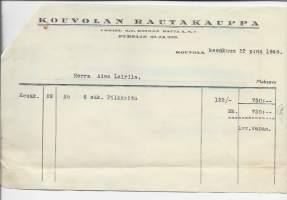 Kouvolan Rautakauppa Kouvola 1946  Pilkkeitä - firmalomake