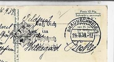 Laskuvarjojääkärit    - lentokonepostikortti   postikortti  kulkenut Feldpost 1939  Lass Dich im Luftschutz &quot;hakaristileima&quot;