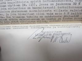Littoinen Oy - Oikeusministeriö - Vankeinhoito-osasto -tarjousasiakirjoja ym. vartijain virkapuku- ja päällystakkikangas sekä vankisarkaa, 1932