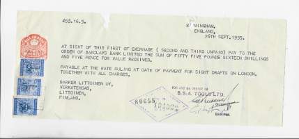 Exchange Helsingfors Aktiebank ja Barclays Bank Ltd  1955 vekseli suomalaisin ja englantilaisin veromerkein