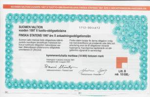 Suomen valtion vuoden 1997  X  tuotto- obligaatiolaina    Litt B 10 000 mk, Helsinki   4.8.1997 -obligaatio