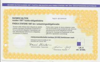 Suomen valtion vuoden 1997 I tuotto-obligaatiolaina Litt A  50 000 mk Sauli Niinistö Valtiovarainministeri 2.1.1997