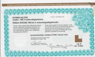 Suomen valtion vuoden 1995 X  tuotto-obligaatiolaina Litt B 10 000 mk Iiro Viinanen Valtiovarainministeri 2.10.1995