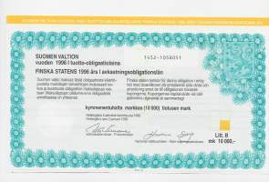 Suomen valtion vuoden 1996 I  tuotto-obligaatiolaina Litt B 10 000 mk Iiro Viinanen Valtiovarainministeri 2.1.1996