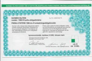 Suomen valtion vuoden 1996  III tuotto- obligaatiolaina      Litt B 10 000 mk, Helsinki   29.1.1996