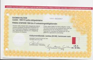 Suomen valtion vuoden 1994 IV  tuotto-obligaatiolaina Litt A  50 000 mk Iiro Viinanen Valtiovarainministeri 2.5.1994
